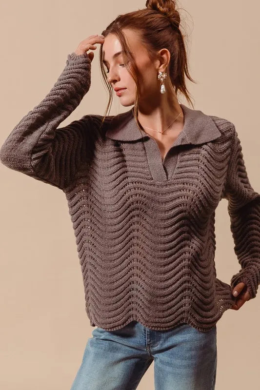 SO ME Notched Collar Wavy Texture Sweater Top