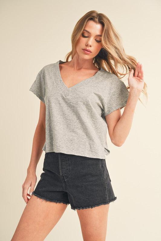 Aemi + Co Side Slit V-Neck Short Sleeve Cropped T-Shirt - DAVERRI FASHIONS
