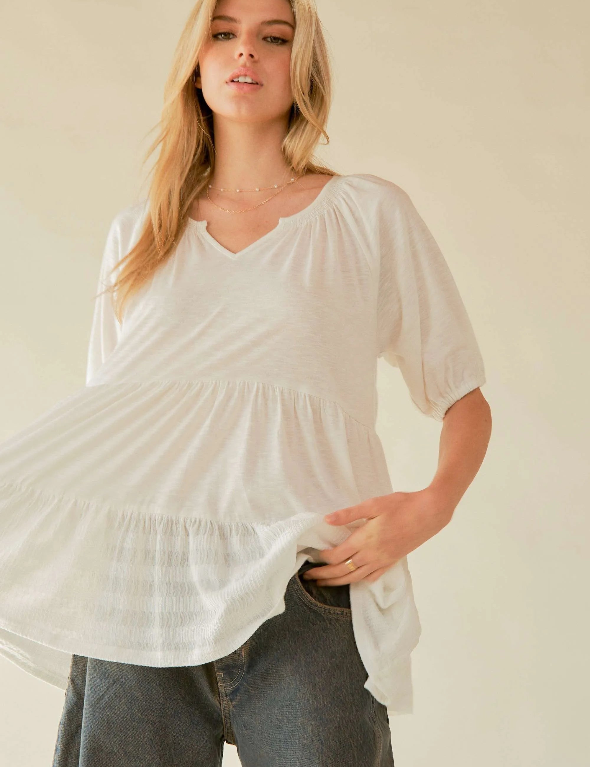 Davi & Dani Ruffled Flared Short Sleeve V Neck Blouse | Blouses Daverri Fashions