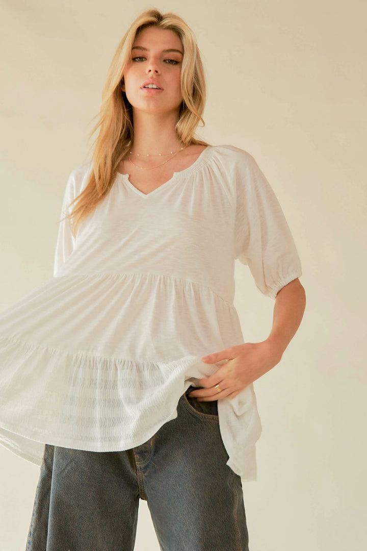 Davi & Dani Ruffled Flared Short Sleeve V Neck Blouse Blouses