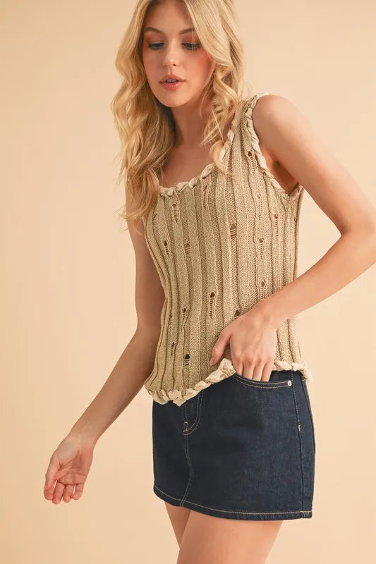Aemi+Co Distressed Detail Round Neck Knit Tank | Daverri Fashions