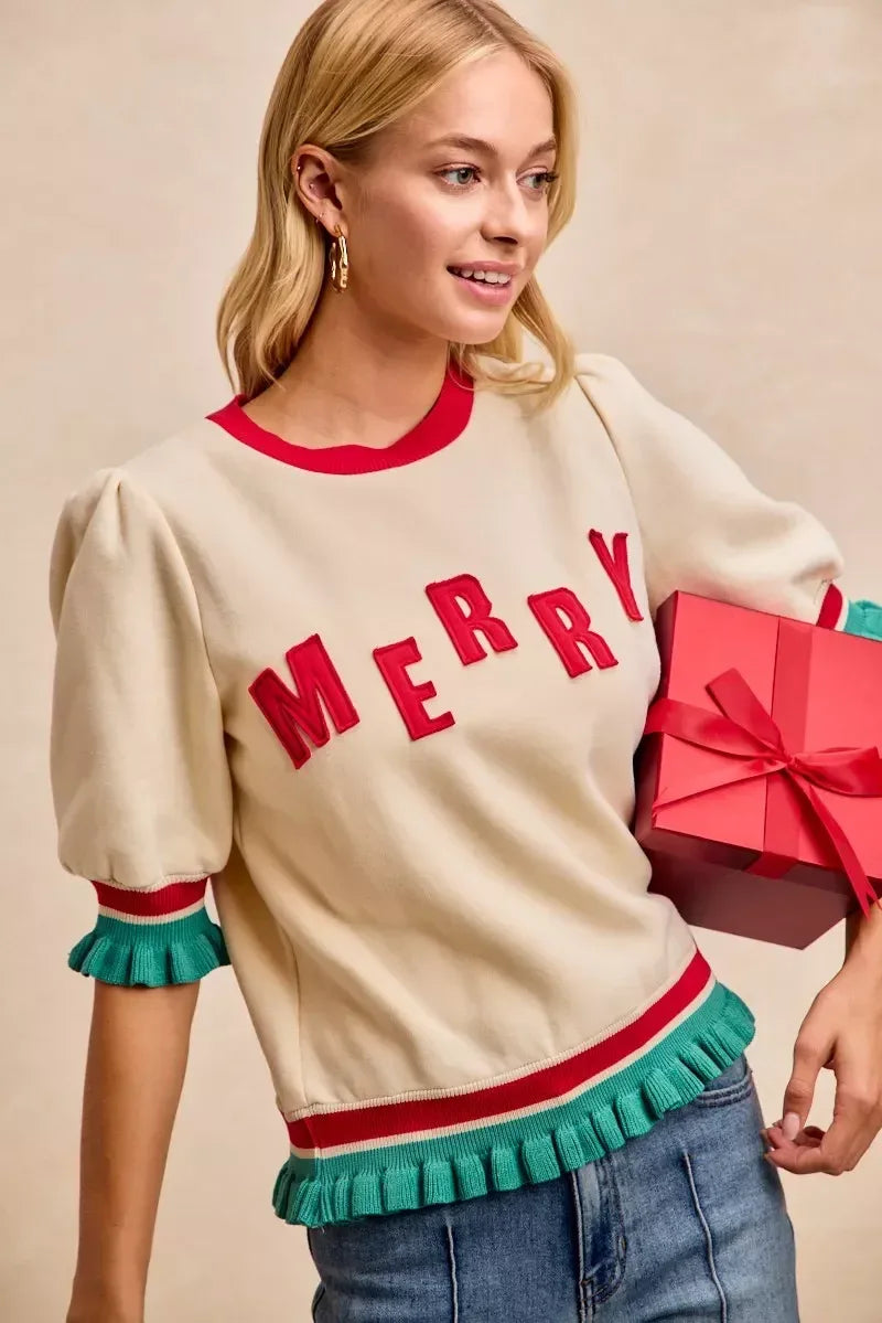 BiBi Christmas Merry Letter Patches Contrast Banded Top - DAVERRI FASHIONS
