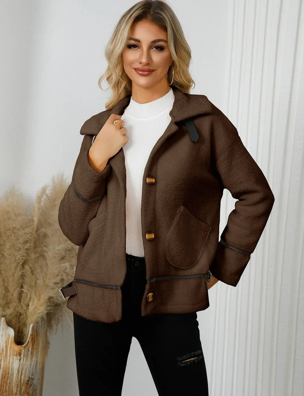 Chocolate Pocketed Button Down Collared Neck Jacket | Jackets Daverri Fashions