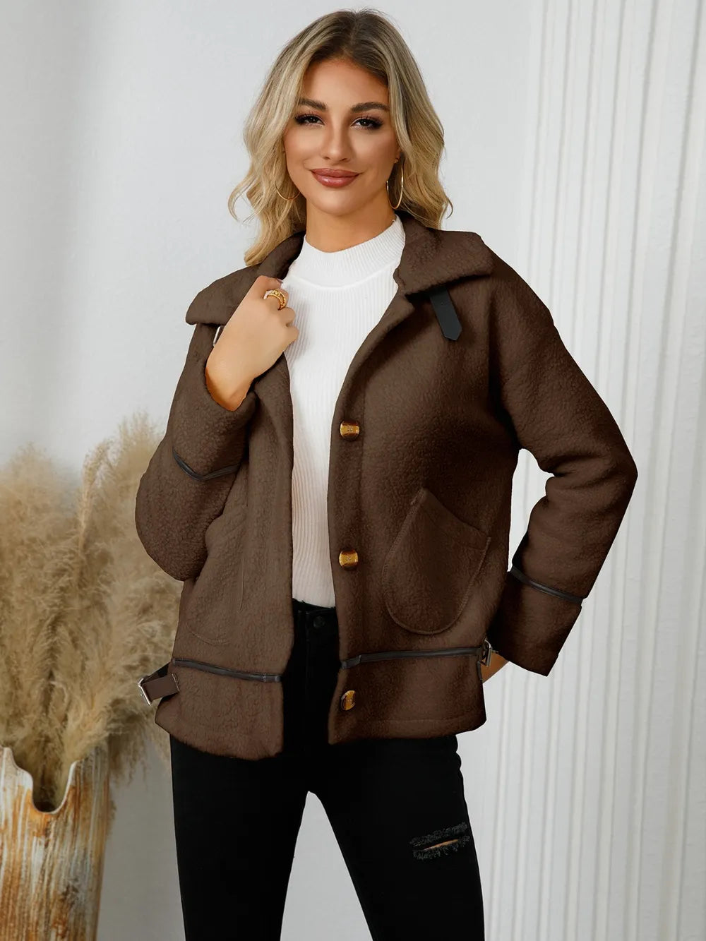 Chocolate Pocketed Button Down Collared Neck Jacket | Jackets Daverri Fashions