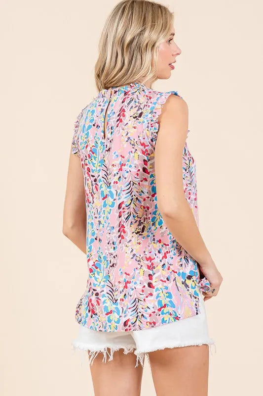 Lime 'N' Chili Full Size Graphic Print Ruffle Trim Mock Neck Sleeveless Top Plus Size