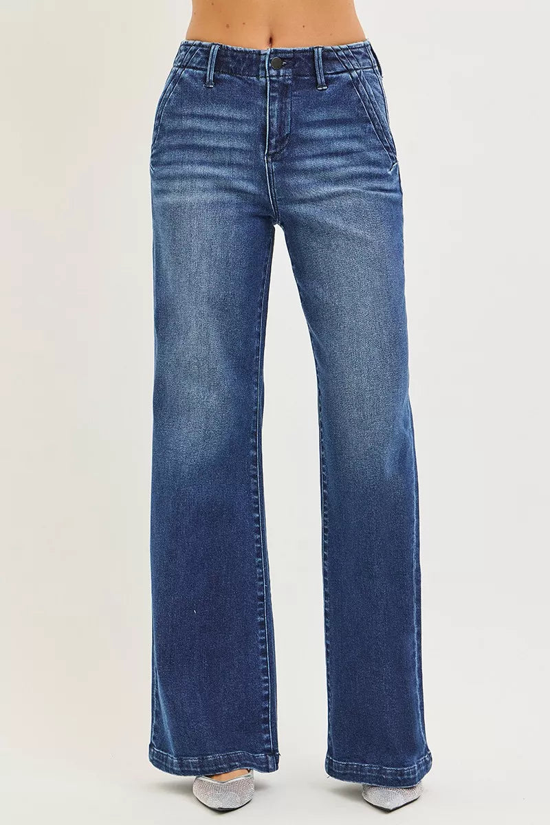 RISEN high-rise wide-leg blue denim flare jeans with slanted pockets
