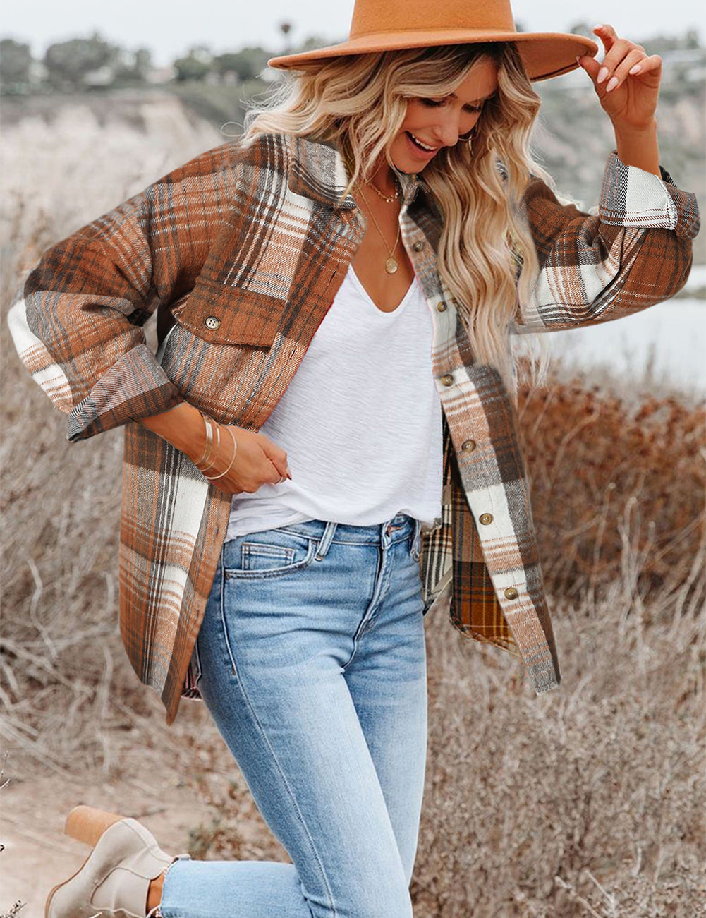 Brown Plaid Flap Pockets Shacket | Shackets Daverri Fashions