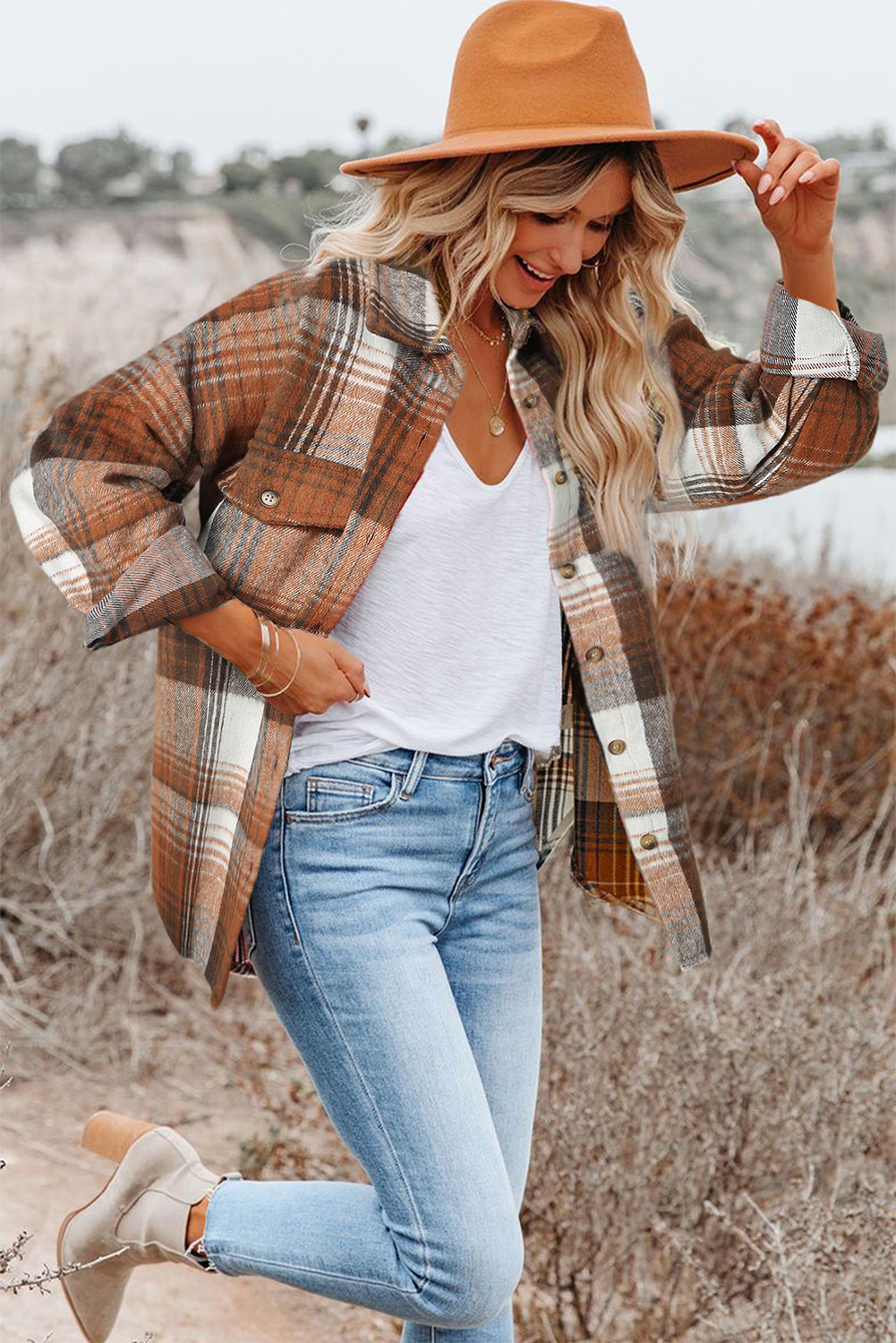 Brown Plaid Flap Pockets Shacket | Shackets Daverri Fashions