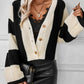 Waffle-Knit V-Neck Striped Long Sleeve Cardigan - DAVERRI FASHIONS