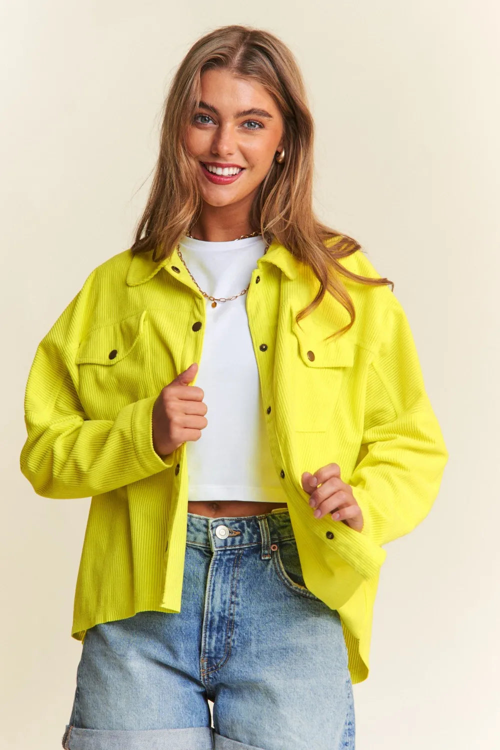 J.NNA Snap Down Long Sleeve High Low Shacket Chartreuse Shackets