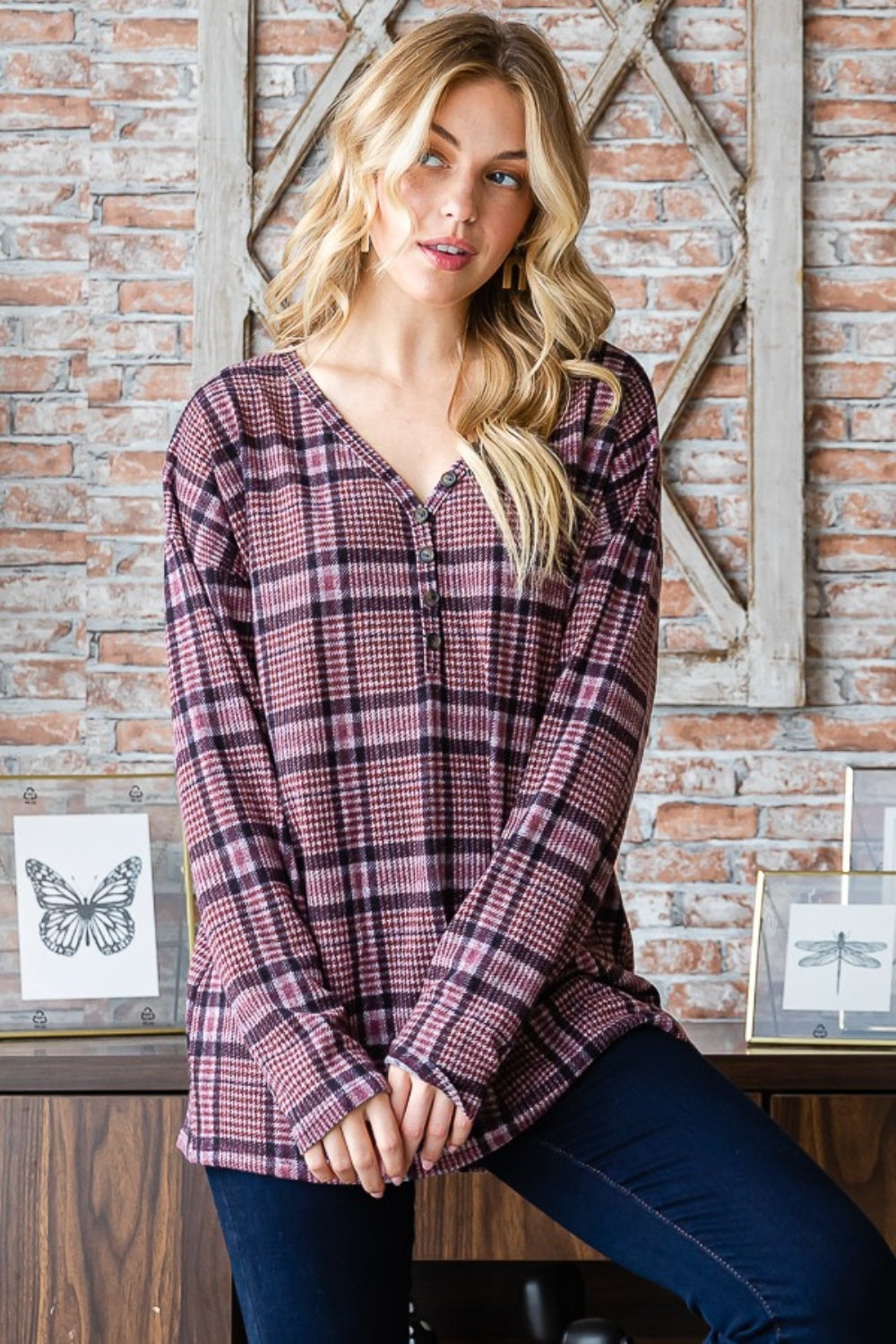 Heimish Full Size Plaid V-Neck Long Sleeve Top Mauve