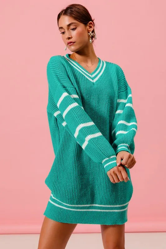 SO ME Loose V Neck Sweater Dress with Striped Sleeves