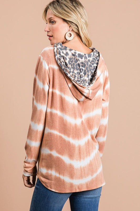BiBi Tie Dye Stripe Terry Drawstring Hoodie With Leopard
