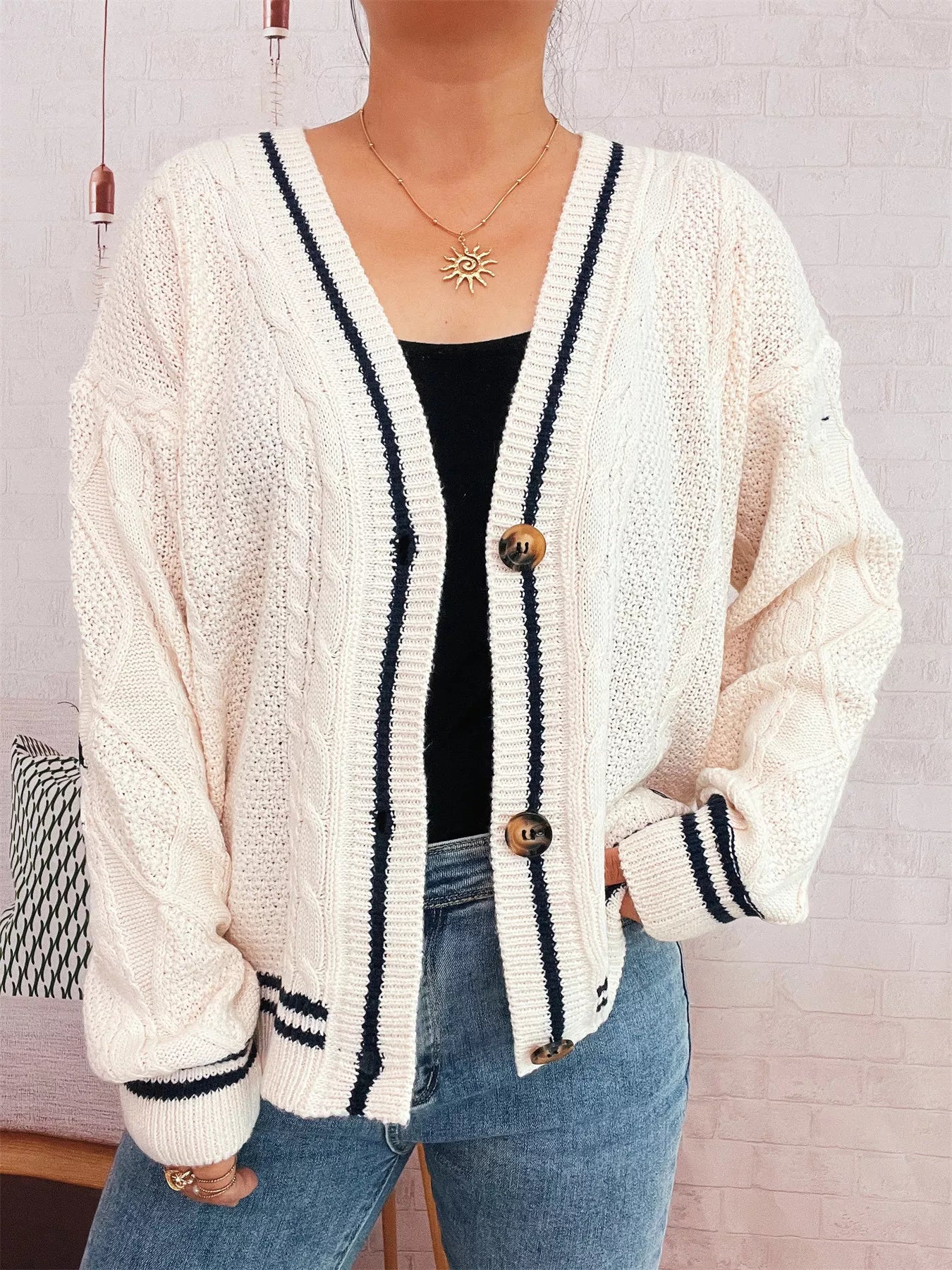 Star Pattern Button-Up Cardigan with Contrast Trim | Cardigans Daverri Fashions