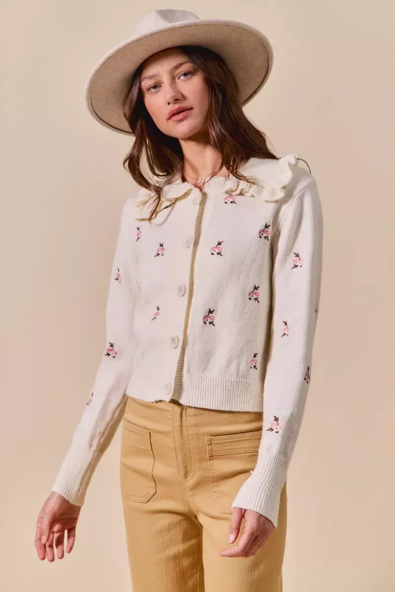 SO ME Collared Floral Embroidered Button Down Sweater Cardigan - DAVERRI FASHIONS