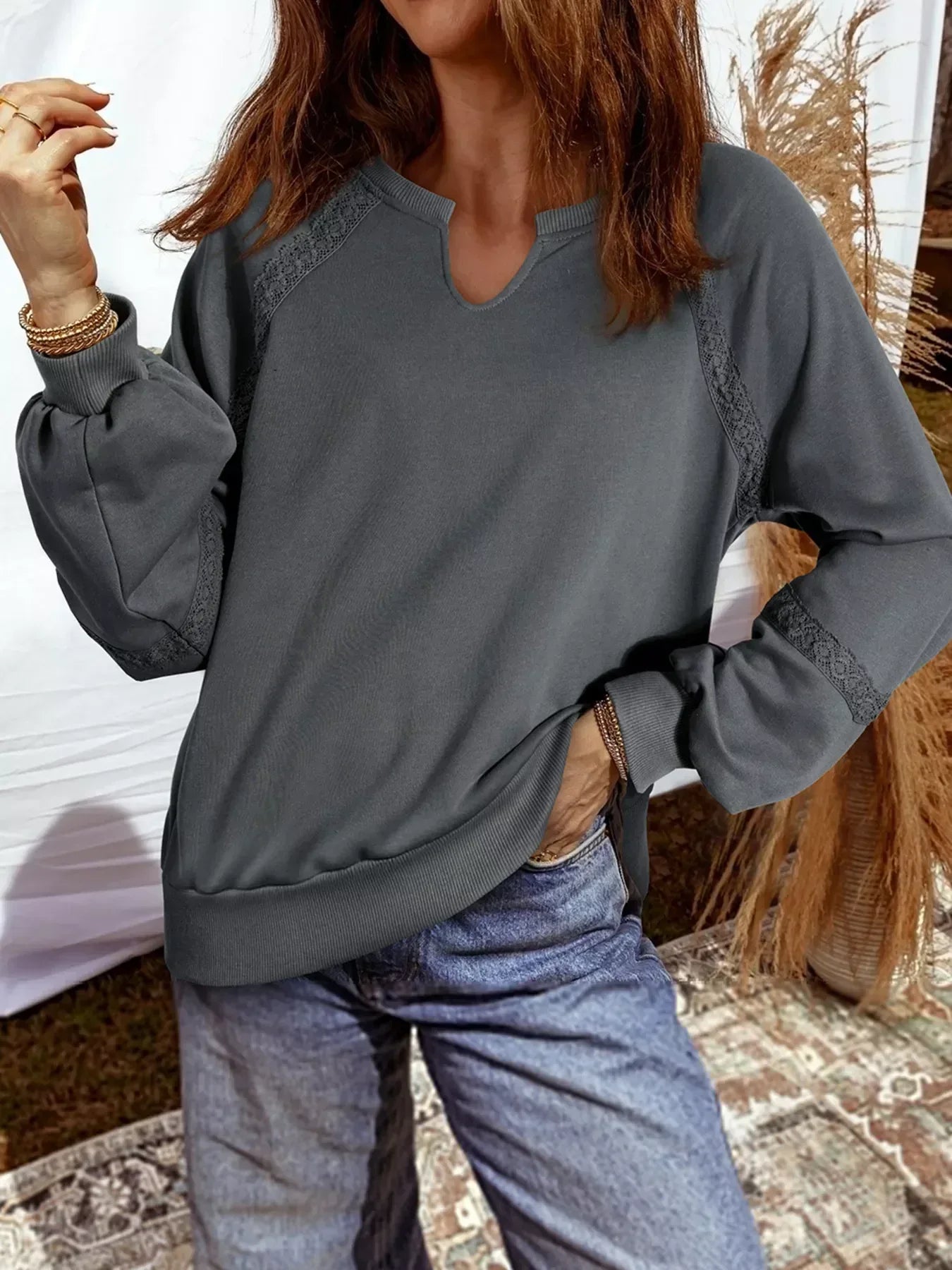 Lace Patchwork Detail Notched Mineral Wash Sweatshirt - DAVERRI FASHIONS