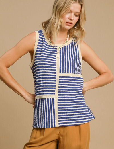 Umgee Round Neck Texture Striped Tank Tank Tops