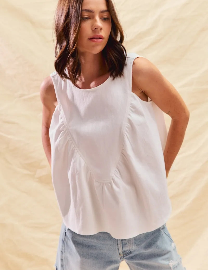 OFF WHITE SO ME Game Day Color Denim Ruched Sleeveless Top | Tops Daverri Fashions