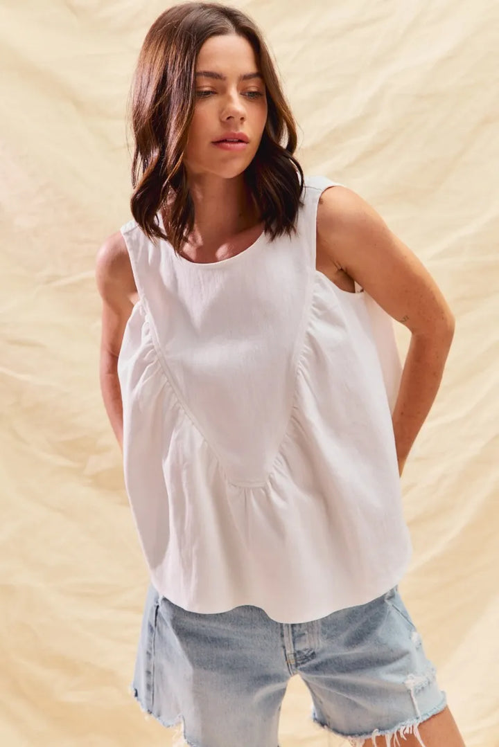 SO ME Game Day Color Denim Ruched Sleeveless Top OFF WHITE
