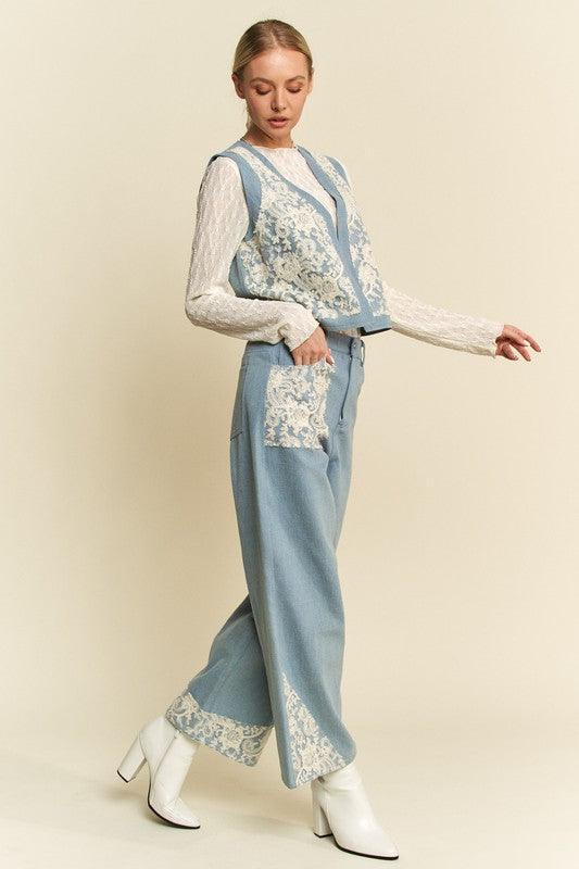 Davi & Dani Lace Patch Open Front Denim Vest - DAVERRI FASHIONS