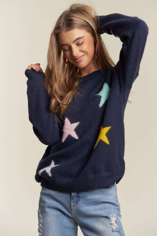 ADORA Stars Pattern Round Neck Drop Shoulder Sweater Sweaters