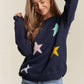 ADORA Dark Navy Stars Pattern Round Neck Drop Shoulder Sweater Sweaters