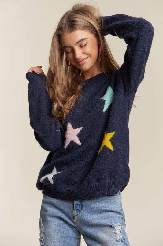 ADORA Dark Navy Stars Pattern Round Neck Drop Shoulder Sweater Sweaters