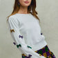 White SO ME Mardi Gras glitter bow knit sweater with colorful sequins