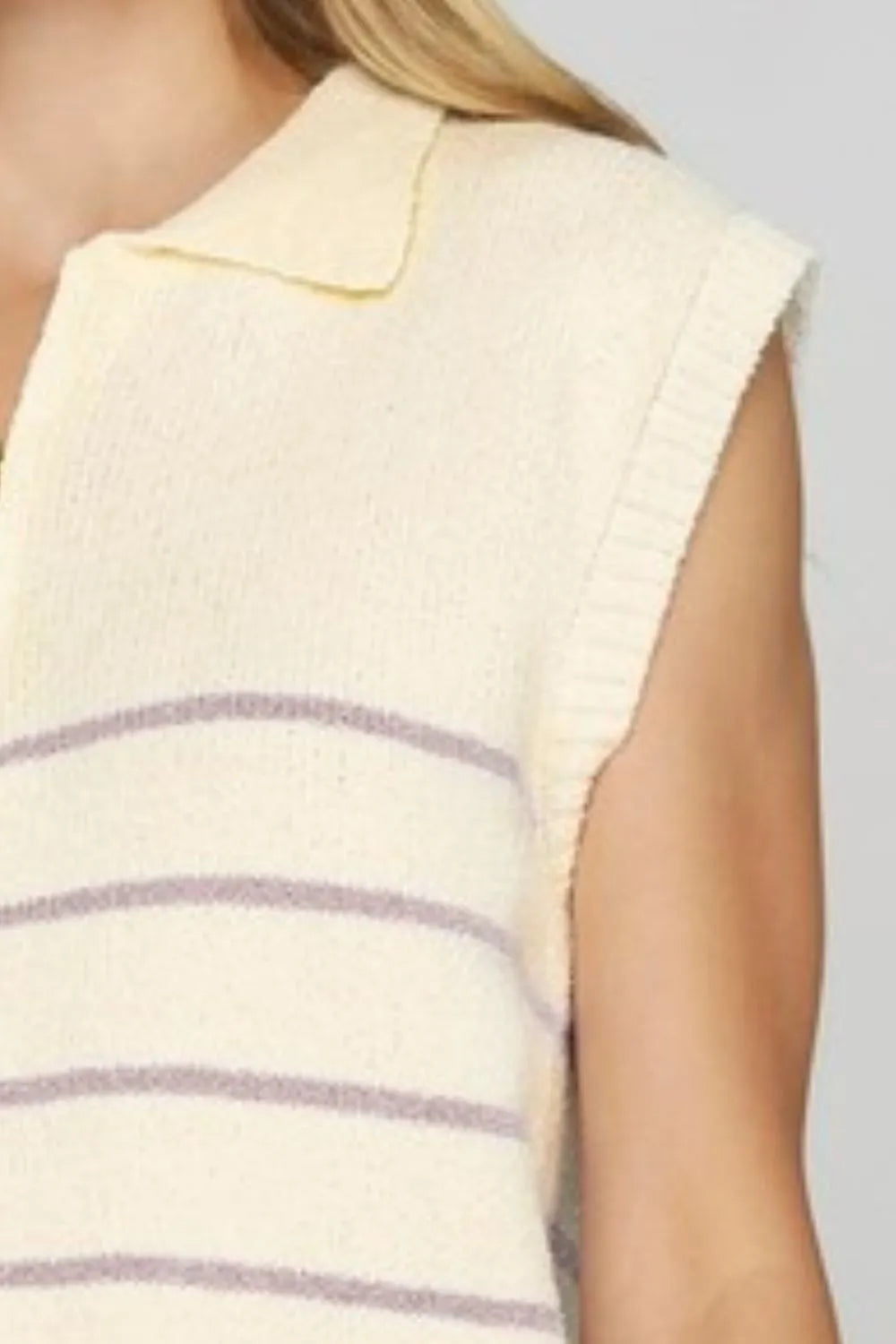 Cream-colored She + Sky ribbed hem striped half zip sweater vest