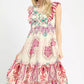 Umgee Boho Border Print Ruffle Midi Dress in pink and cream floral pattern