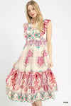 Umgee Boho Border Print Ruffle Midi Dress in pink and cream floral pattern
