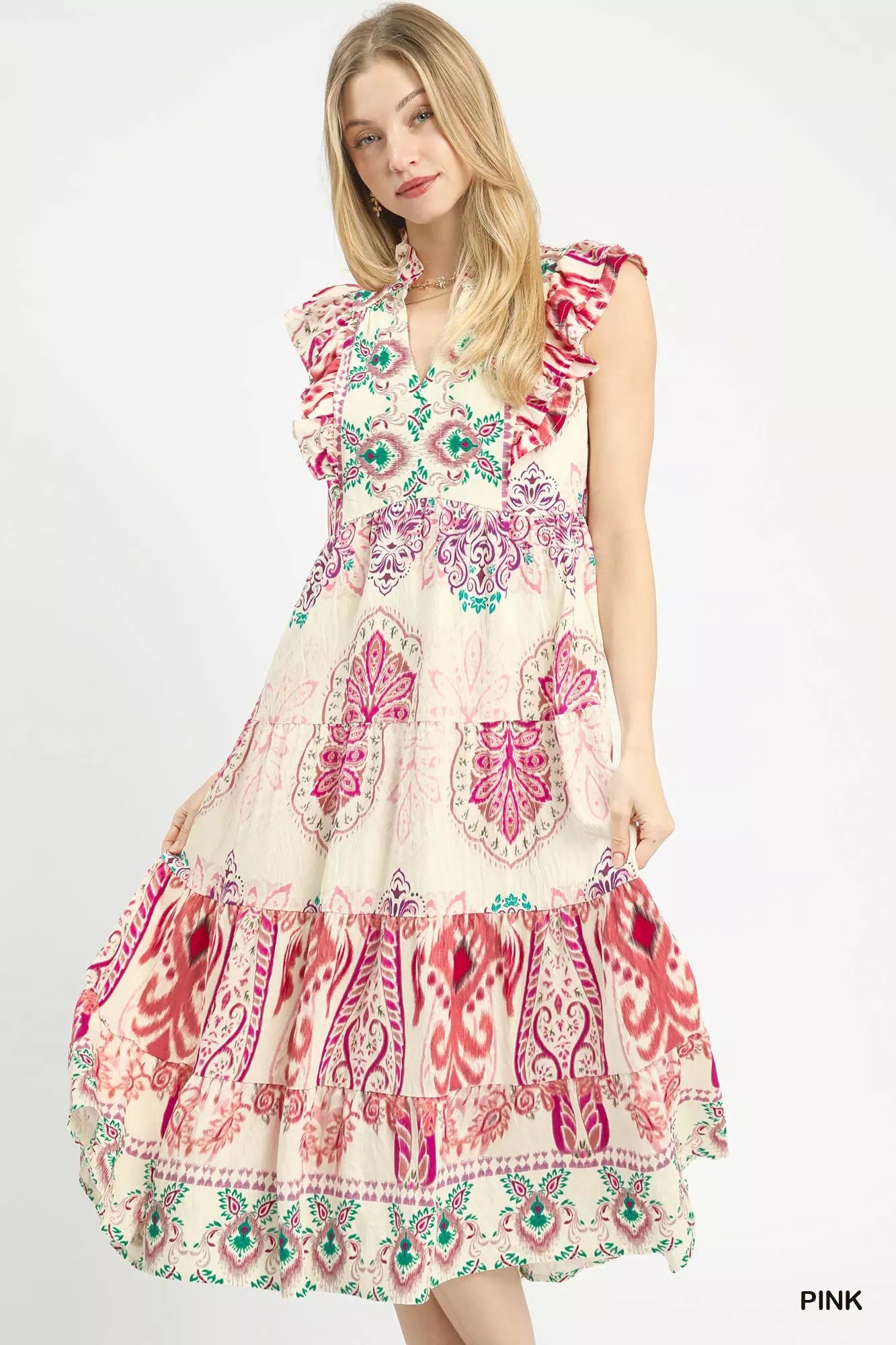 Umgee Boho Border Print Ruffle Midi Dress in pink and cream floral pattern