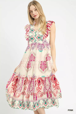 Umgee Boho Border Print Ruffle Midi Dress in pink and cream floral pattern