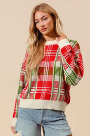 SO ME Christmas Color Checkered Plaid Crew Neck Sweater | Sweaters Daverri Fashions