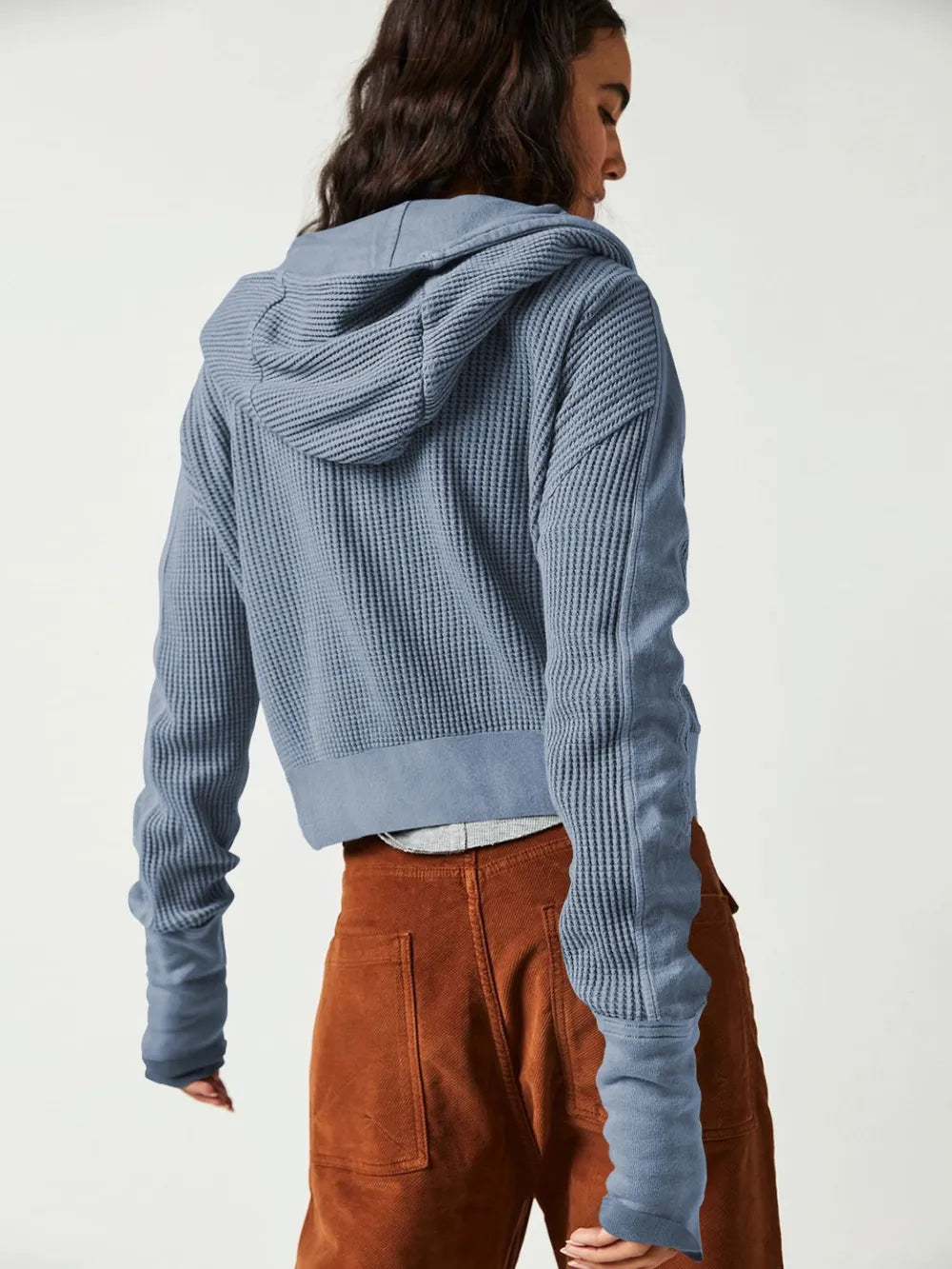 Waffle-Knit Dropped Shoulder Hooded Jacket | Jackets Daverri Fashions