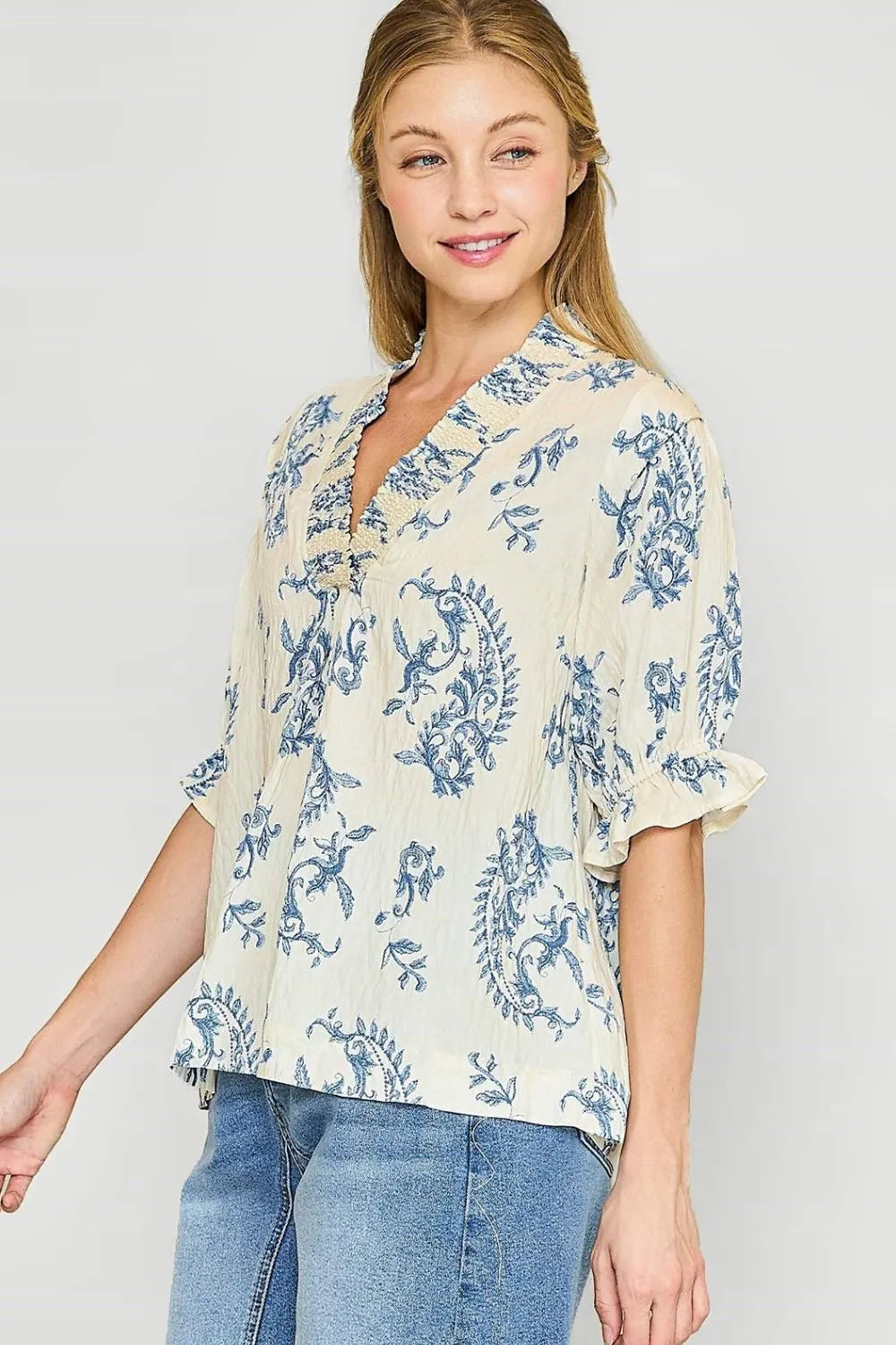 Umgee Ruffle Details Printed Half Sleeve Blouse Tops