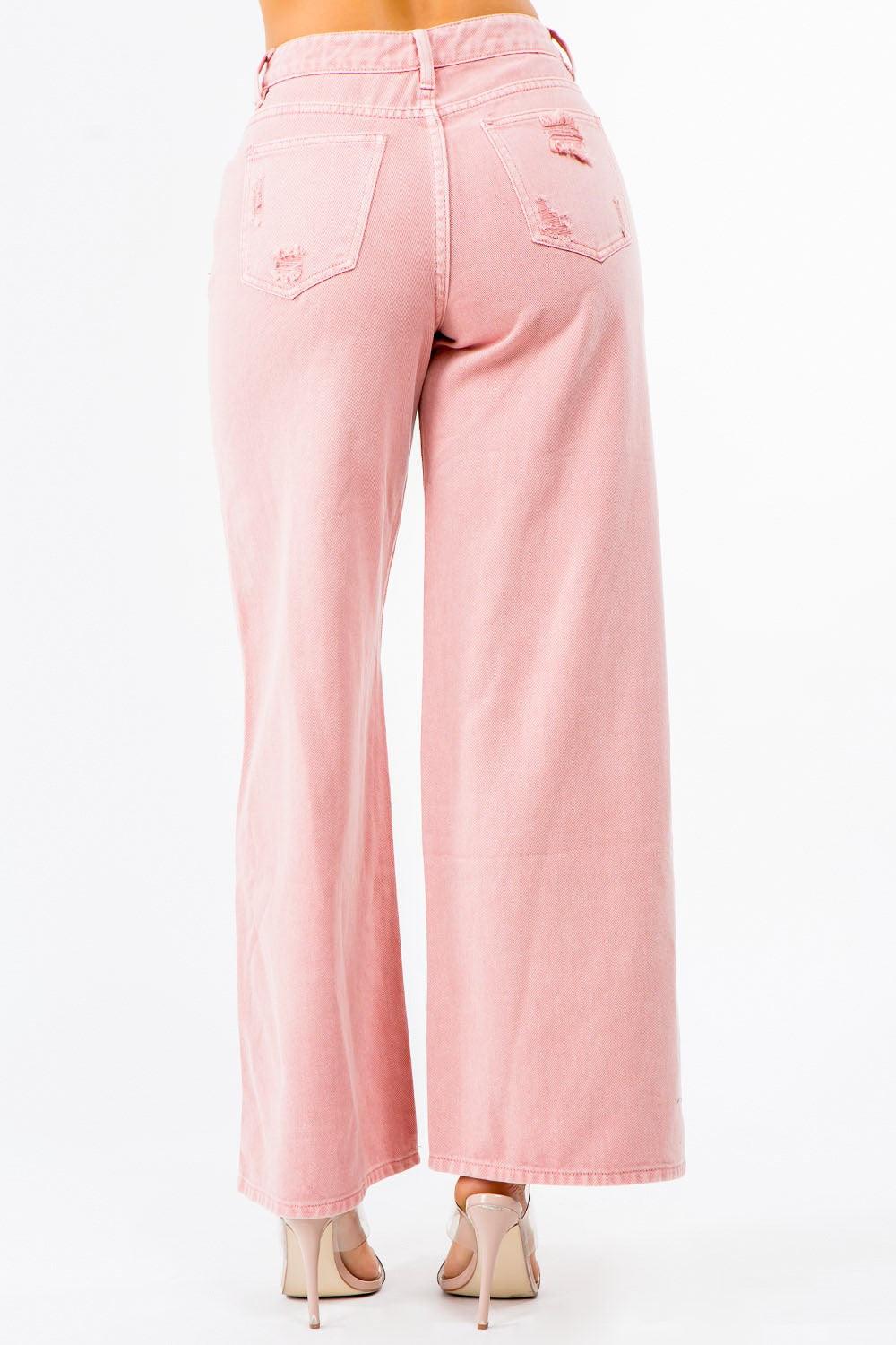 American Bazi Blush Pink High Waist Distressed Wide Leg Jeans Jeans