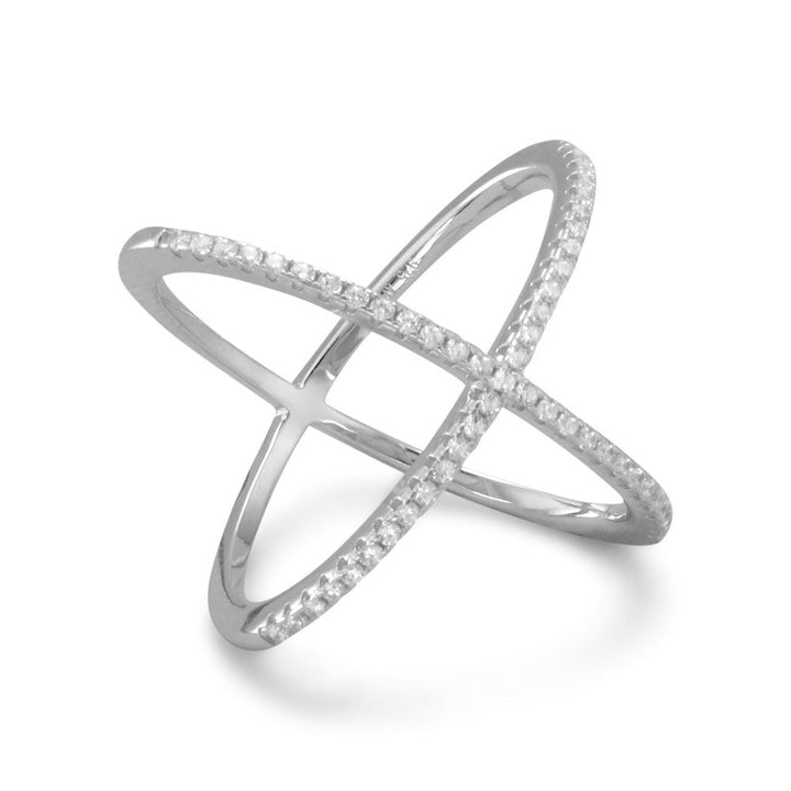 Rhodium Plated Criss Cross 'X' Ring with Signity CZs Rings