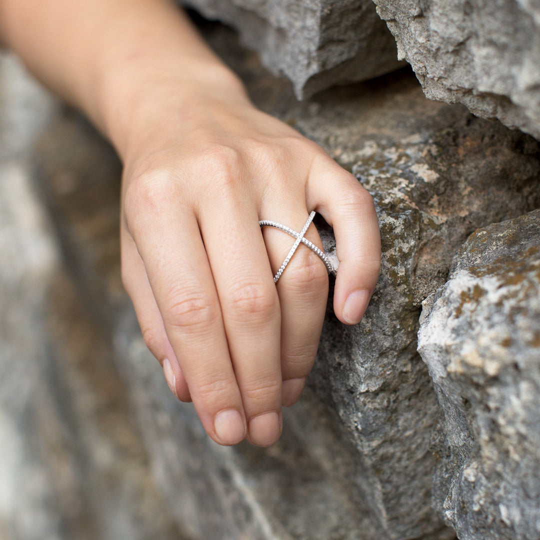 Rhodium Plated Criss Cross 'X' Ring with Signity CZs Rings