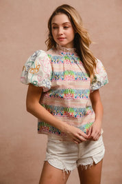 BiBi Ruffle Neckline Blouse With Embroidery Bubble Sleeve | Daverri Fashions