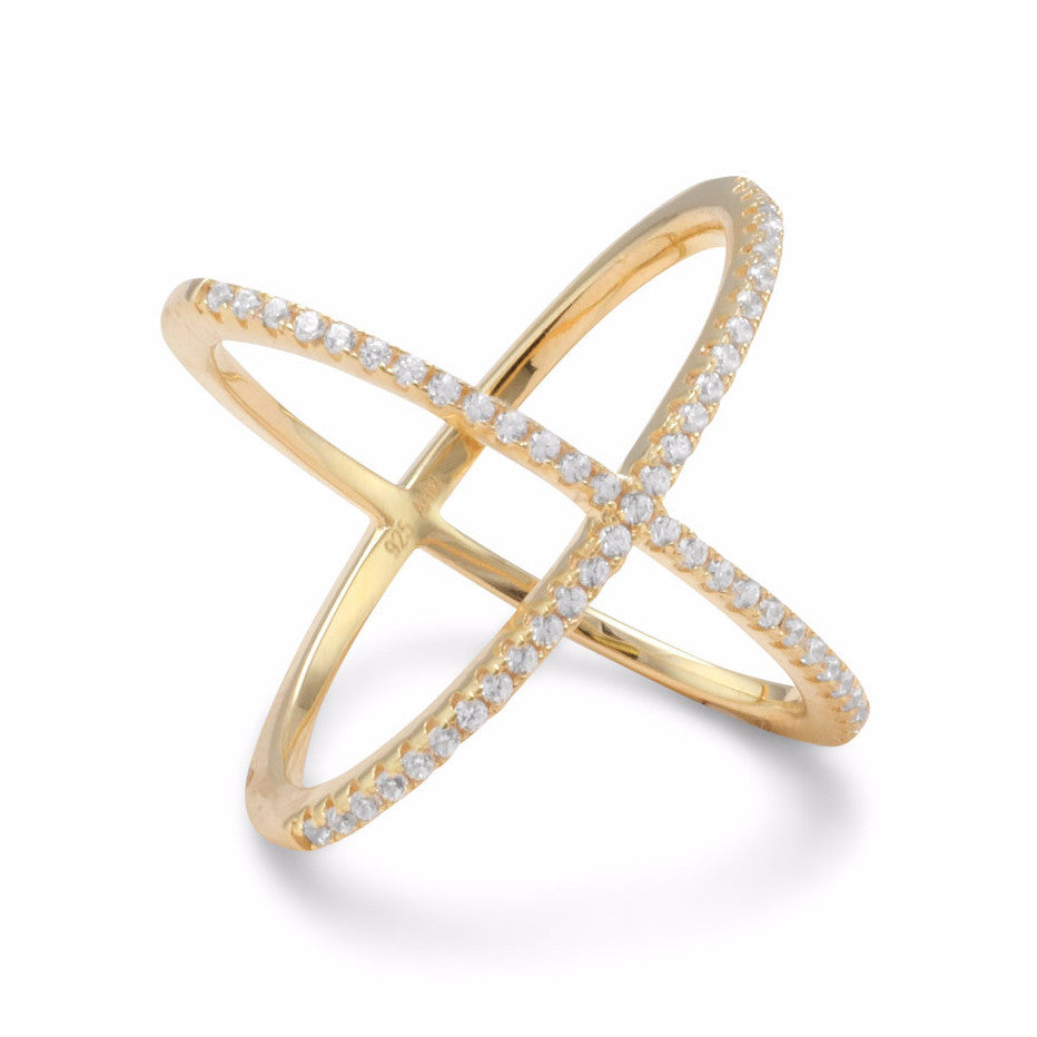 18 Karat Gold Plated Criss Cross 'X' Ring with Signity CZs Rings