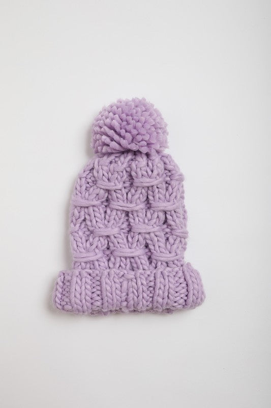 Lavender One Size Oversized Chunky Knit Pom Beanie | Daverri Fashions