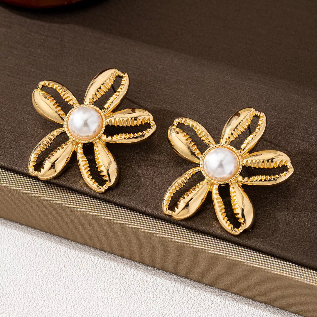 18K Gold-Plated Gold Flower Synthetic Pearl Stud Earrings | Earrings Daverri Fashions