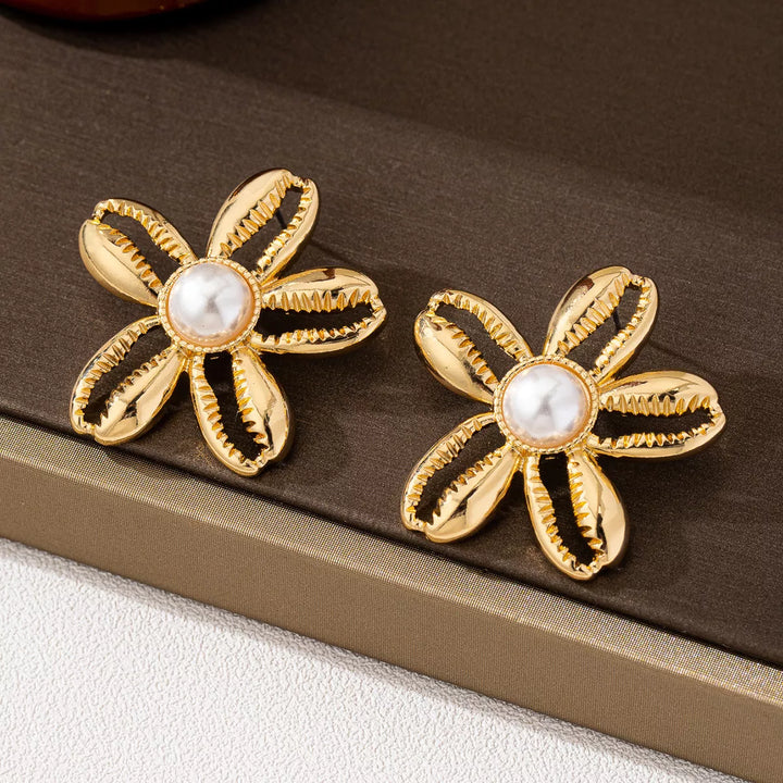 18K Gold-Plated Gold Flower Synthetic Pearl Stud Earrings | Earrings Daverri Fashions