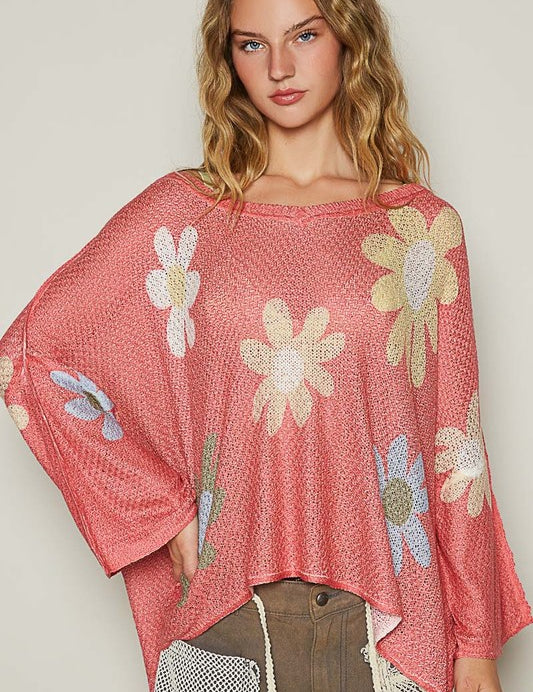 POL Flower Dropped Shoulder Long Sleeve Knit Top