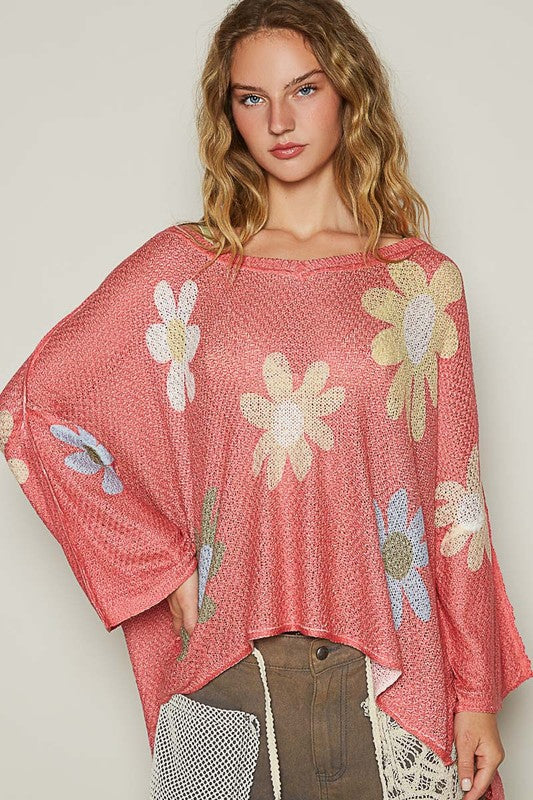 POL Flower Dropped Shoulder Long Sleeve Knit Top Tops