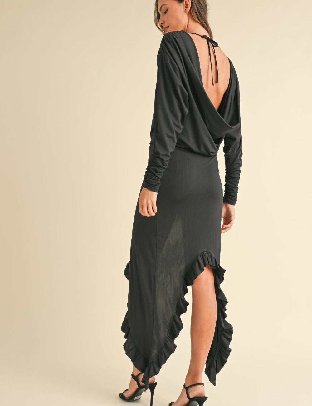 Mable Backless Asymmetric Ruffle Hem Dress | Daverri Fashions