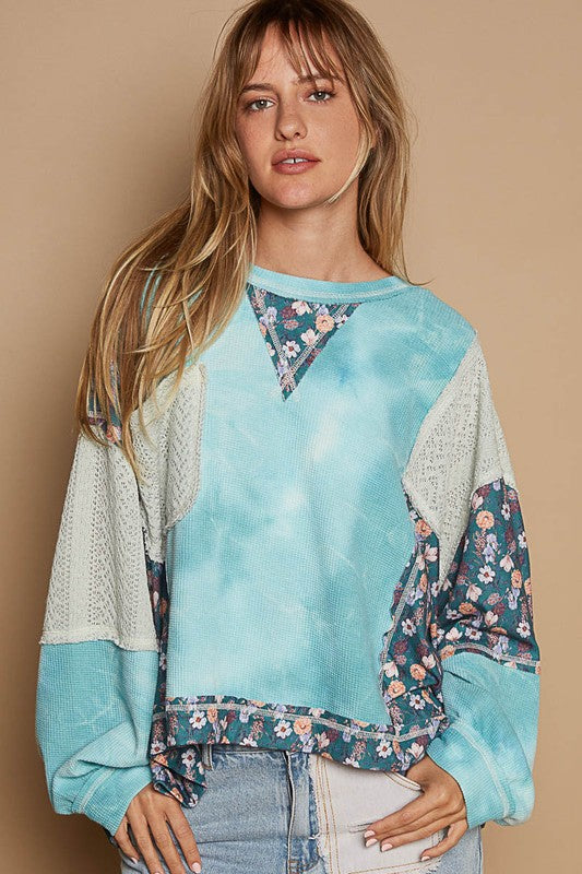 POL Floral Patchwork Round Neck Knit Top Teal