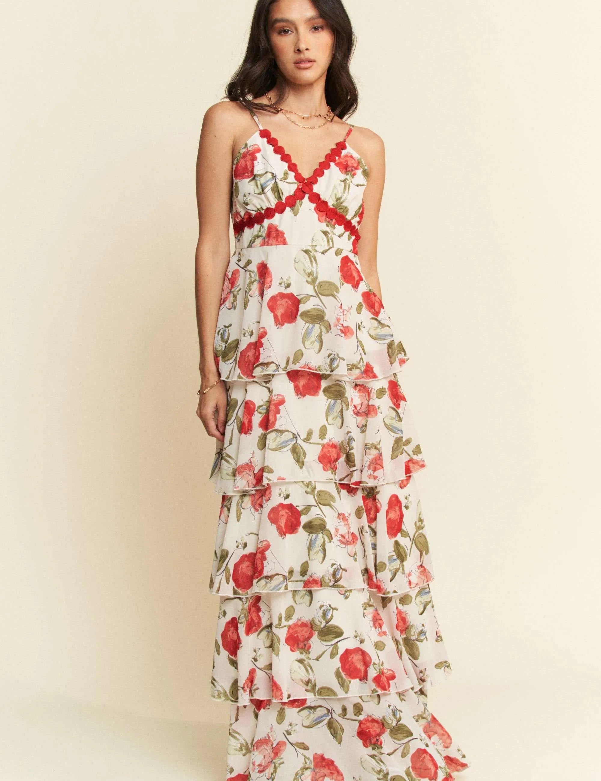 IVORY RED Davi & Dani Contrast Ring Lace Layered Ruffle Maxi Cami Dress | Cami Dresses Daverri Fashions
