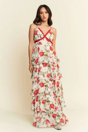 IVORY RED Davi & Dani Contrast Ring Lace Layered Ruffle Maxi Cami Dress | Cami Dresses Daverri Fashions